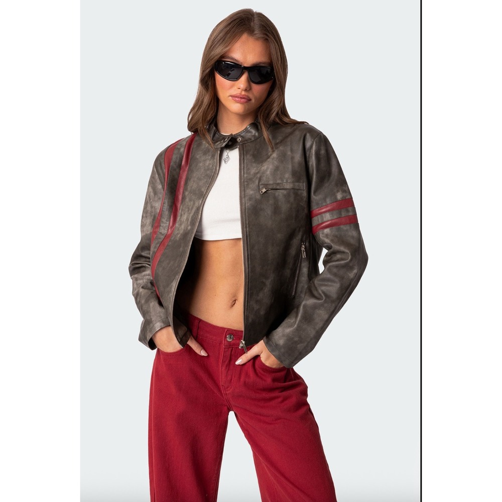 Edikted Thunder Washed Faux Leather Jacket Moto Gray Red Size Small